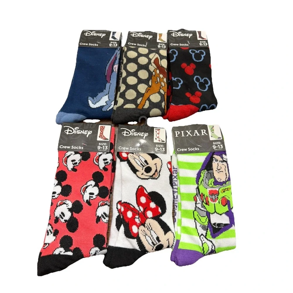 Disney Crew Socks Collectible 6 Pc Lot Size 9-13 Mickey Bambi Buzz Stitch Minnie